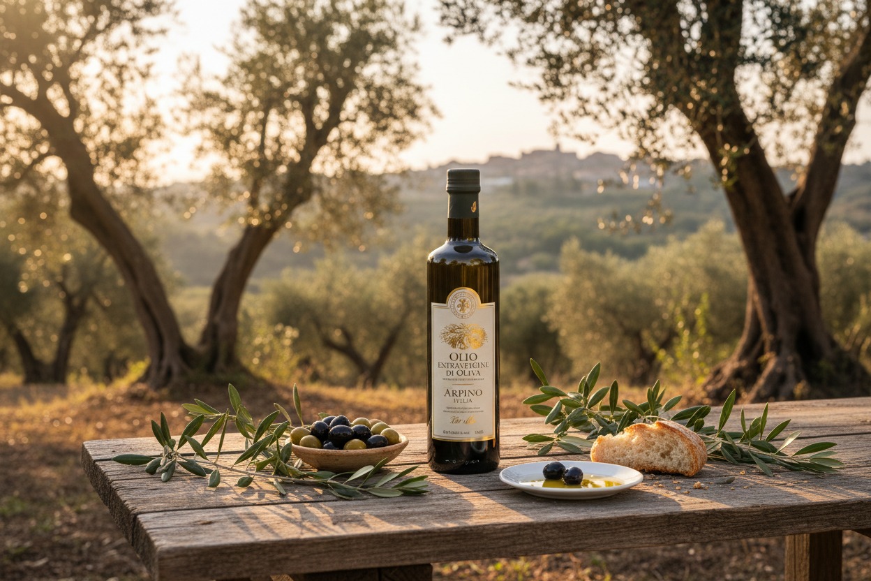 Una bottiglia di olio extravergine di oliva su un tavolo di legno in un uliveto, circondata da olive fresche, rami di ulivo e pane.